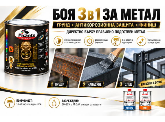 Алкидна боя за метал 3в1 в цветове от RAL каталог - Полумат - Triomix enamel